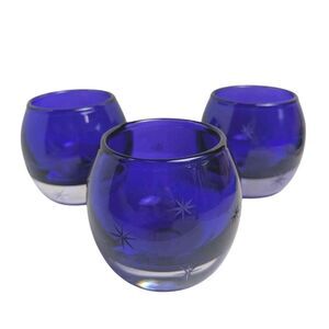 Vintage Cobalt Blue Art Glass Starburst Etched Candle Votive Holder Set Of 3